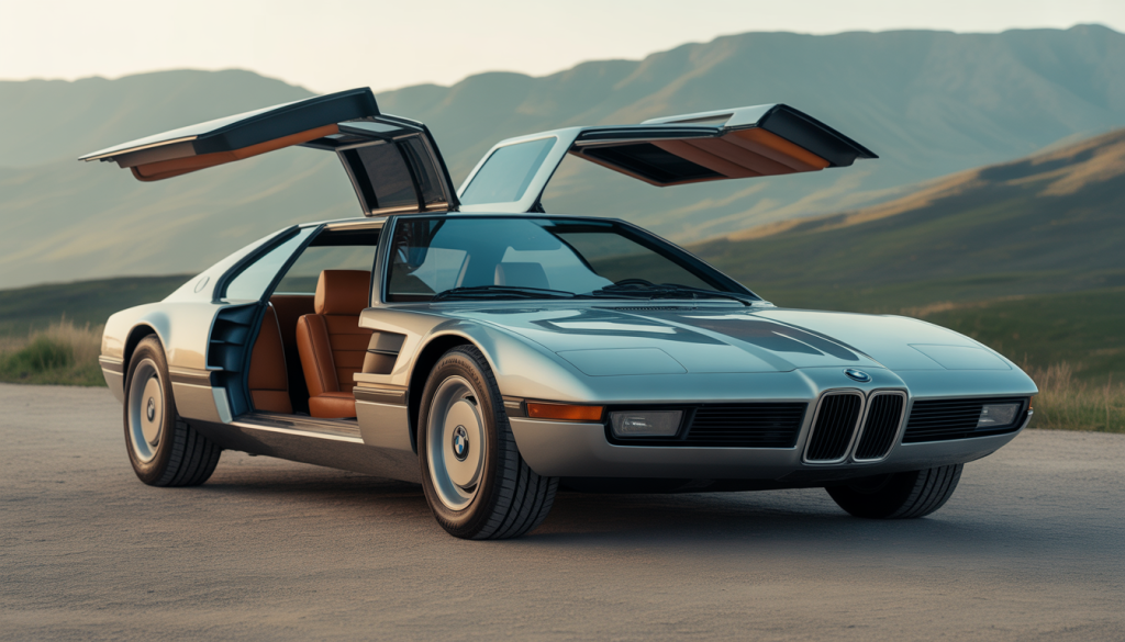 Photo de la BMW Turbo Concept 1972 avec portes papillon ouvertes