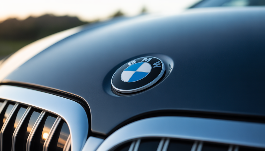 Logo BMW en gros plan sur un capot noir brillant avec reflets