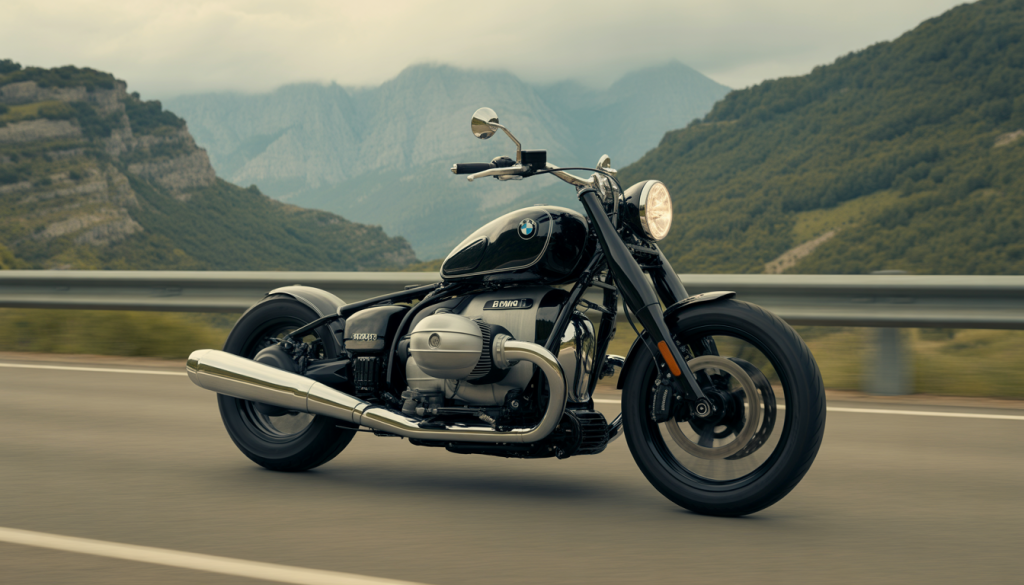 Moto BMW R18 noire et chromée sur route de montagne pittoresque