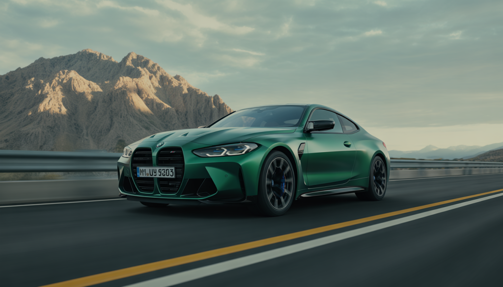 Voiture BMW M4 G82 sportive sur route de montagne, lumière dynamique