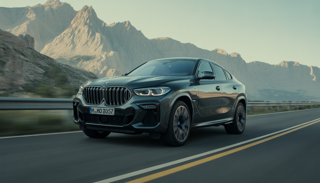 BMW X6M noir brillant sur route de montagne en plein jour