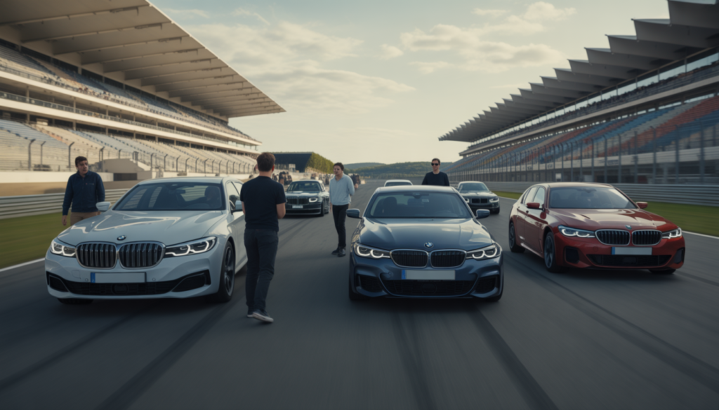 Groupe de fans de BMW sur un circuit en France entourés de voitures emblématiques, style photoréaliste