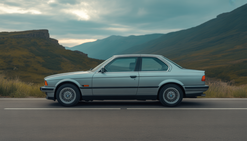 BMW 325 TDS des années 90 stationnée sur une route pittoresque avec un ciel dramatique