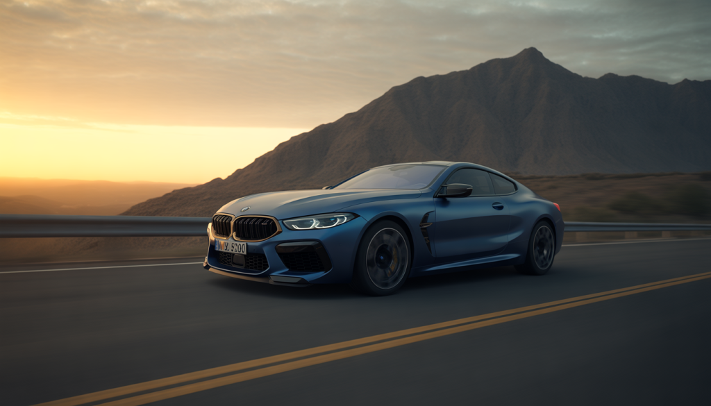 Voiture BMW M8 sur route de montagne au coucher de soleil