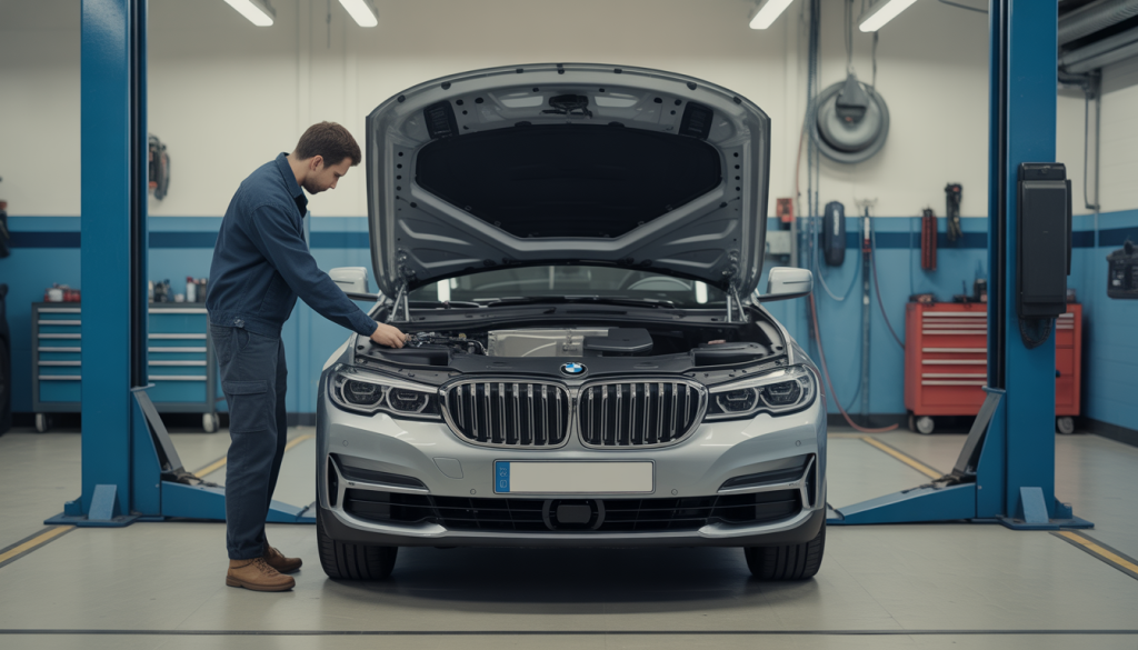 Technicien vérifiant le moteur ouvert d'une BMW usée dans un garage professionnel bien éclairé