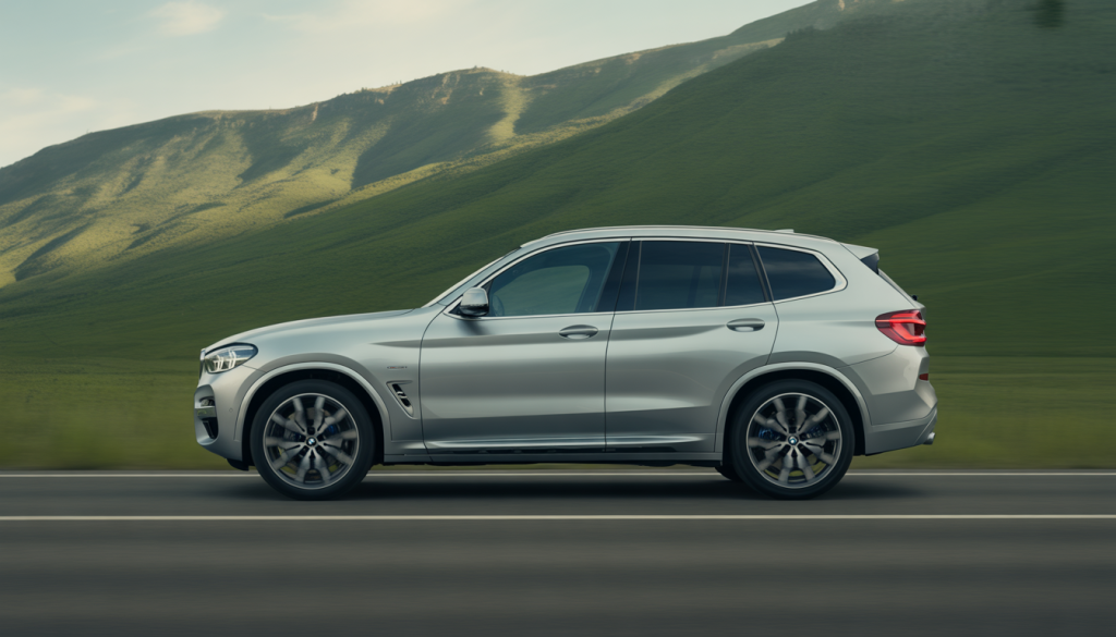 Vue latérale d’une BMW X3 sur route dégagée, lumière naturelle