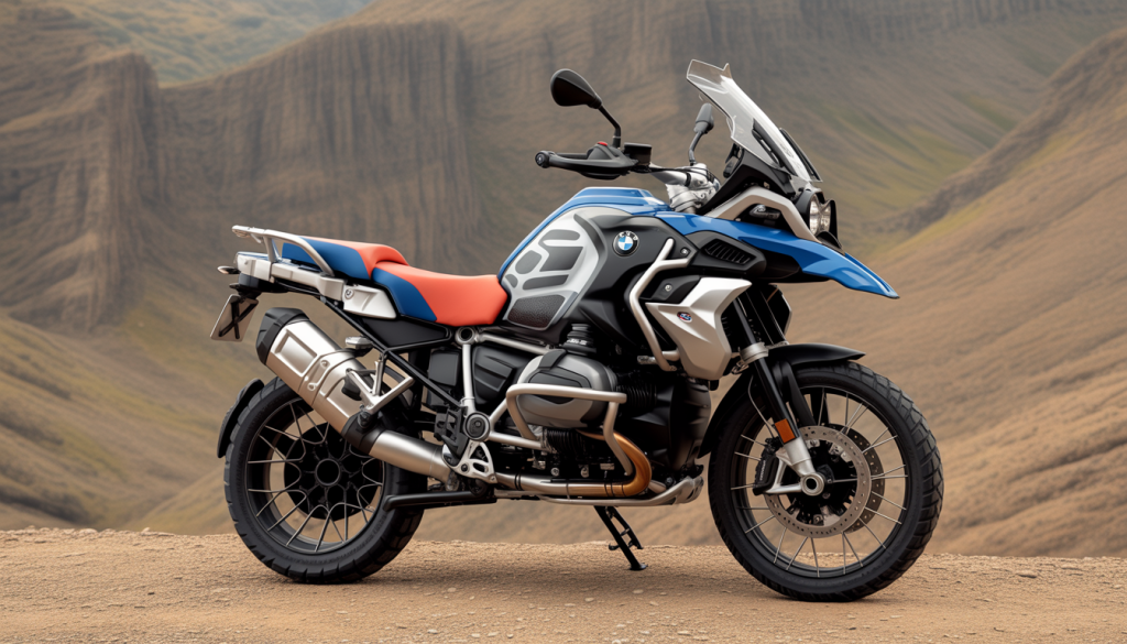 Moto BMW R 1250 GS adventure sur terrain rocailleux en style photoréaliste