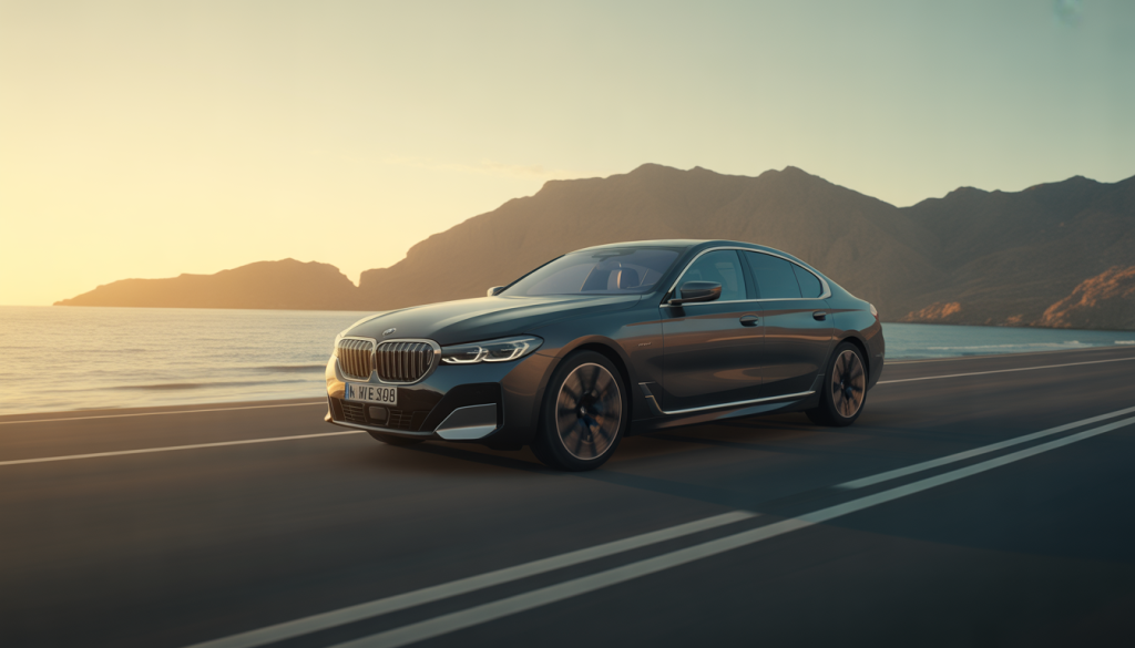 BMW Série 6 élégante roulant sur une route côtière au crépuscule