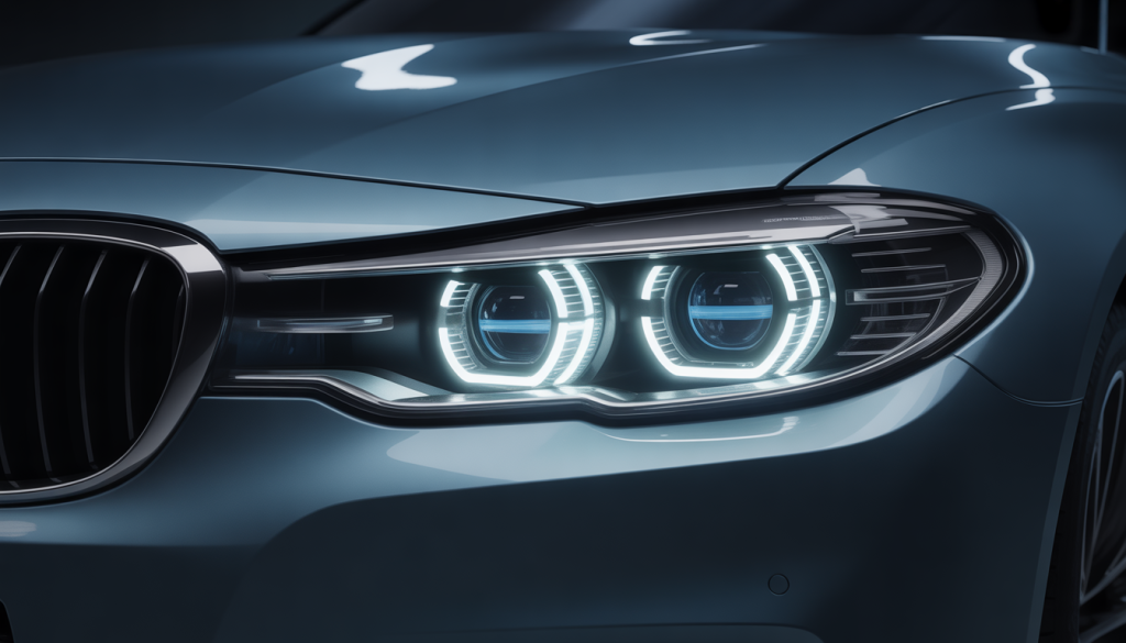 Gros plan sur les phares BMW avec anneaux lumineux blancs allumés la nuit