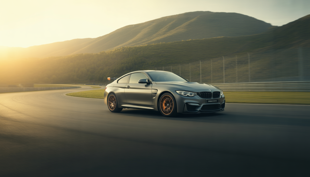 BMW M4 GTS en mouvement sur une piste, jantes orange et design aérodynamique