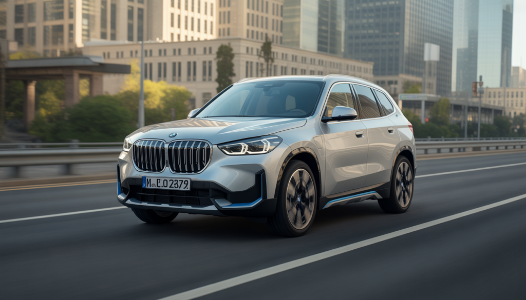 BMW X1 sur route urbaine avec grille double haricot et phares LED