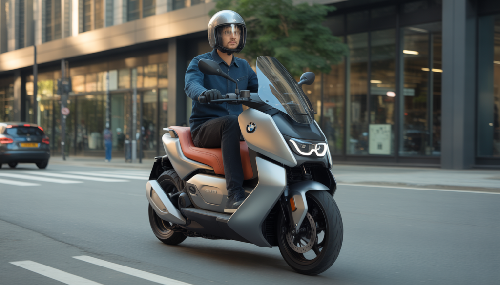 Scooter BMW C1 sur une rue urbaine en angle dynamique