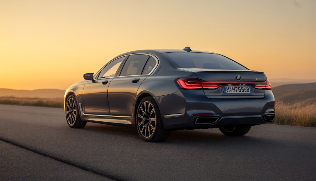 BMW M760i Final Edition V12 sur route asphaltée au coucher du soleil