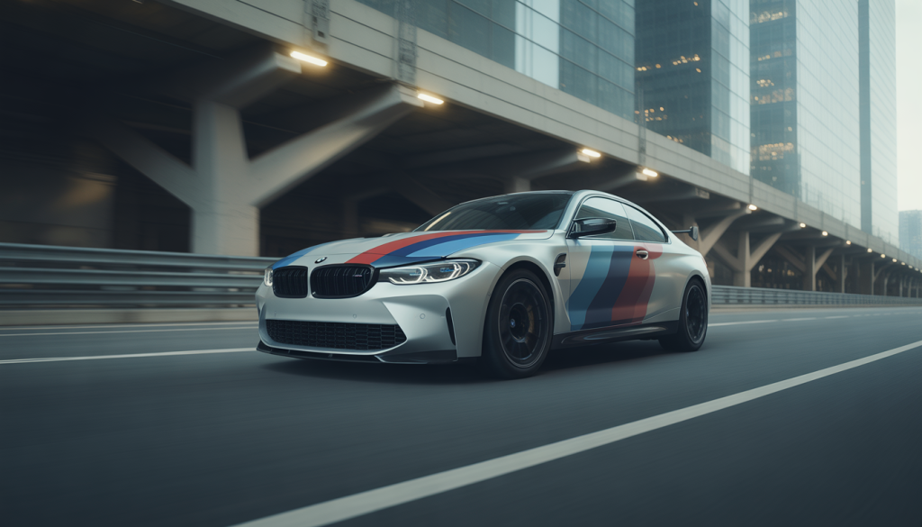 Voiture BMW M avec bandes tricolores dans un décor urbain dynamique