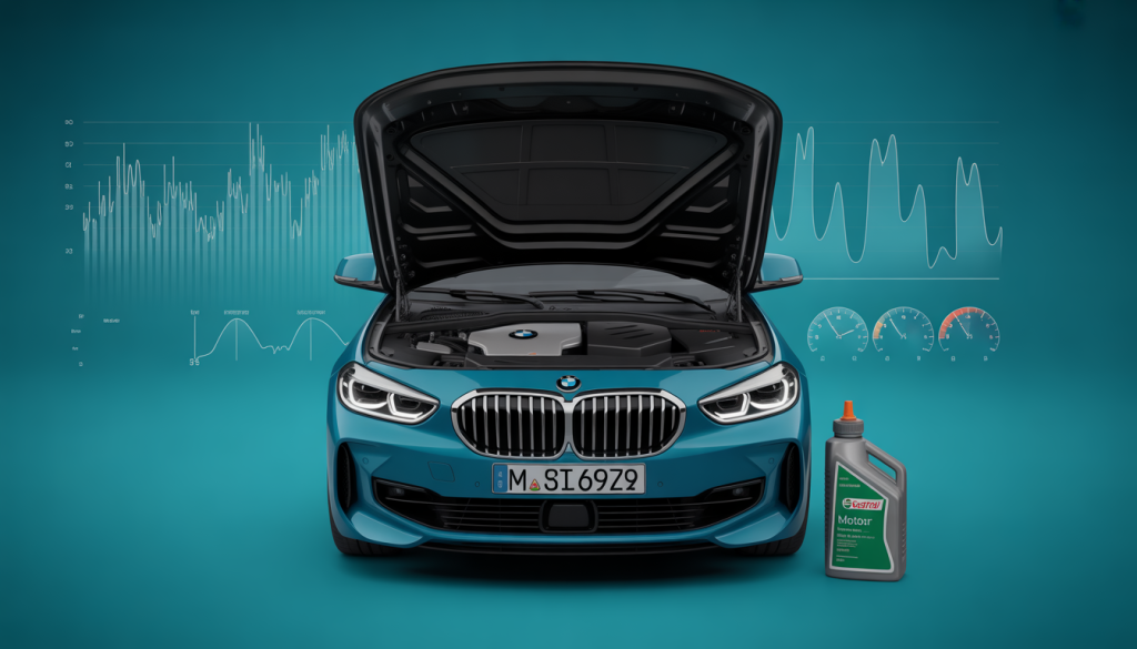 Compartiment moteur d'une BMW Série 1 capot ouvert avec bidon d'huile Castrol