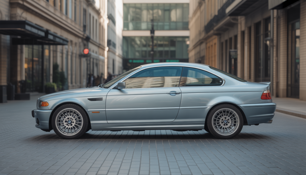 BMW E46 : Un Résumé Détaillé 6 Vue latérale d'une BMW E46 coupé dans un style photoréaliste