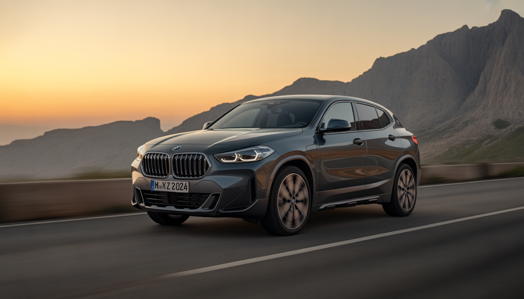 BMW X2 2024 sur une route de montagne au coucher du soleil avec calandre Iconic Glow illuminée