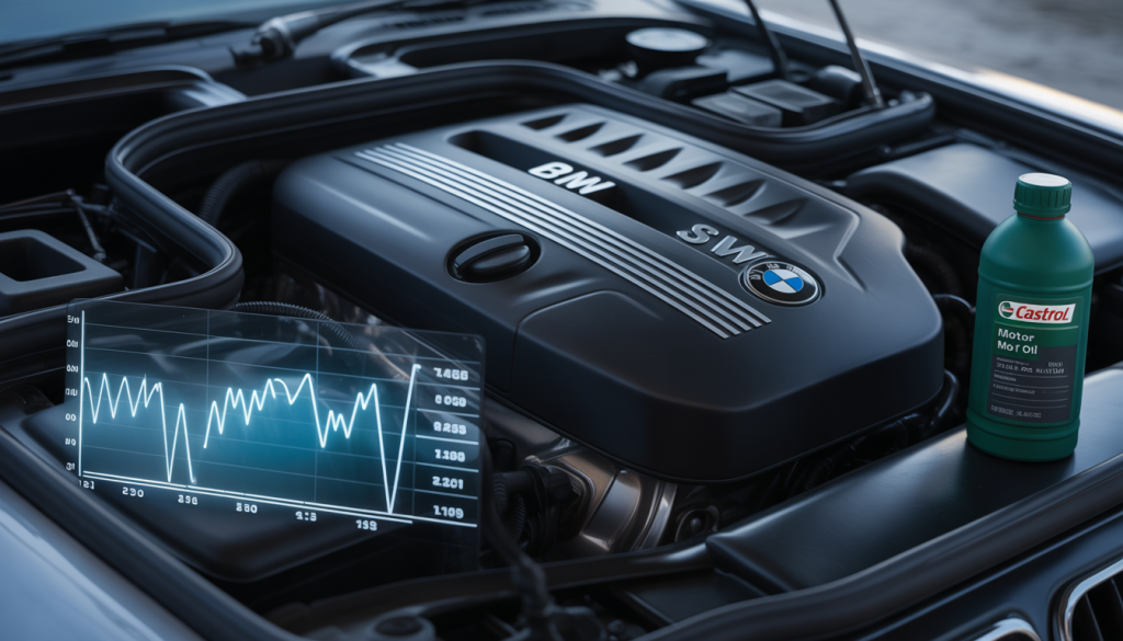 Huile Moteur BMW Série 1 : Points Clés, Tendances et Statistiques 18 Gros plan sur le moteur d'une BMW Série 1 avec un bidon d'huile Castrol à côté