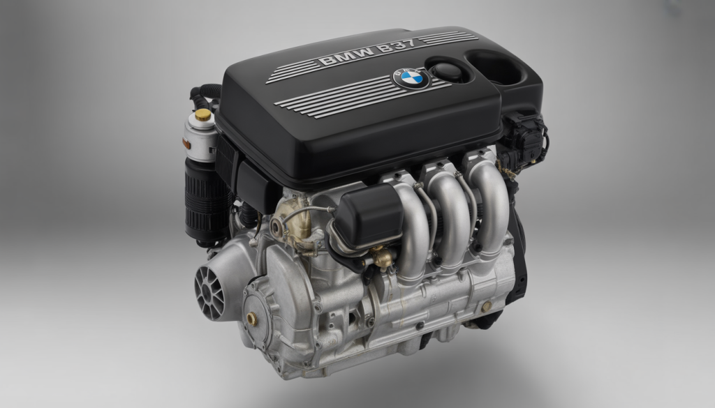 Fiabilité du Moteur 3 Cylindres BMW 116d 14 Gros plan photoréaliste du moteur BMW B37 3 cylindres avec éclairage studio