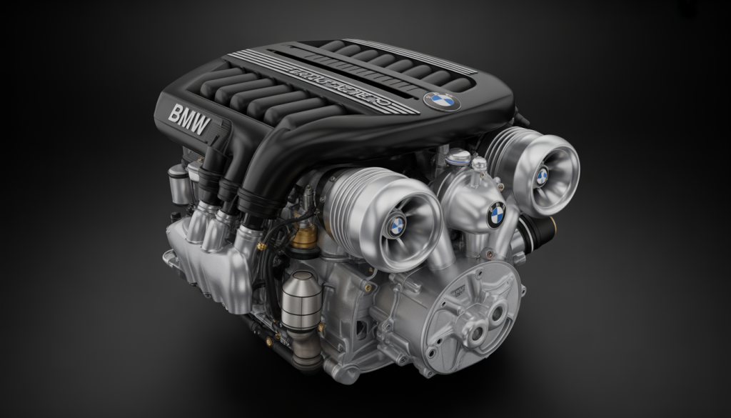Gros plan du moteur BMW S58 avec turbocompresseurs doubles et système de refroidissement avancé