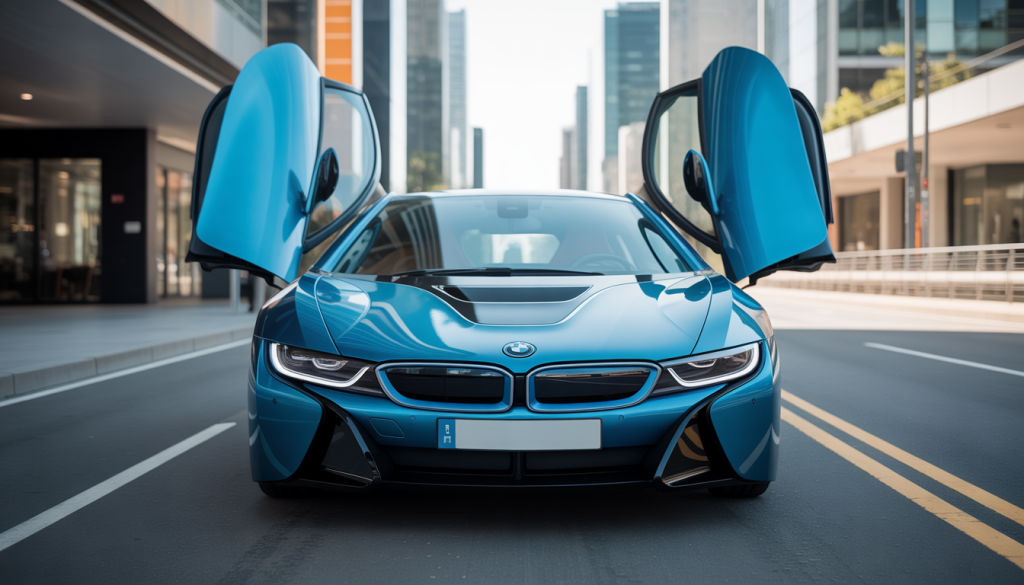 BMW i8 : Un Résumé Détaillé 1 BMW i8 hybride avec portes papillon ouvertes sur route urbaine