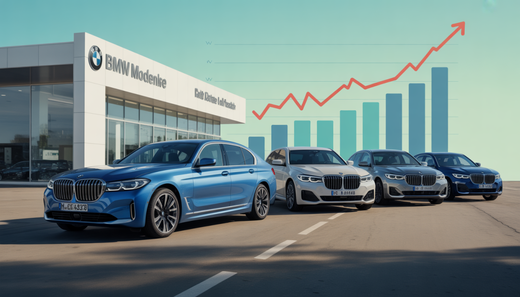 BMW Occasion : Les Points Clés, Tendances et Statistiques 9 BMW models in photo-realistic style in front of a dealership with growth trend graphs in the background