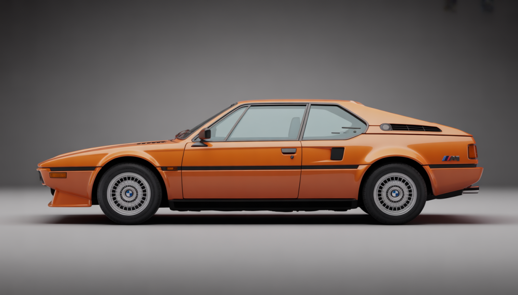 BMW M1 : Un Résumé Détaillé 3 Vue latérale d'une BMW M1 des années 70 avec phares escamotables
