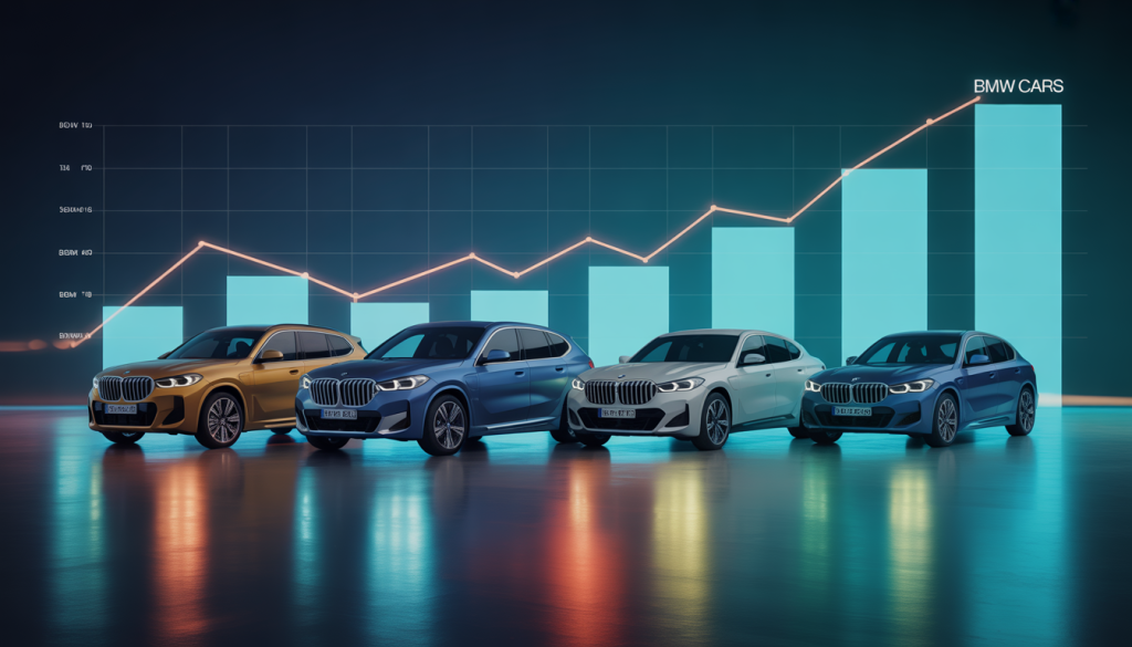 Alignement de voitures BMW incluant SUV électriques X1 et berlines 3 Series avec graphique de croissance