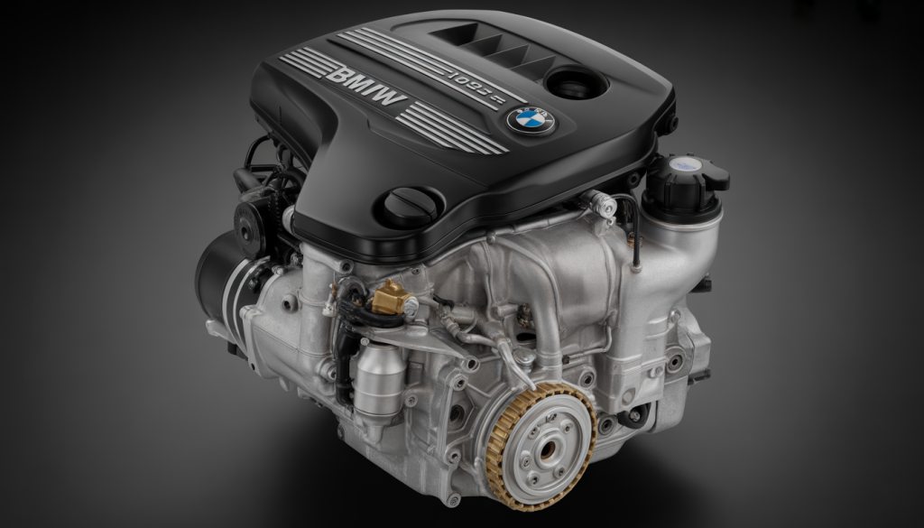 Moteur BMW N57 : Fiabilité 17 Gros plan photoréaliste du moteur diesel BMW N57 avec chaîne de distribution et pompe à huile