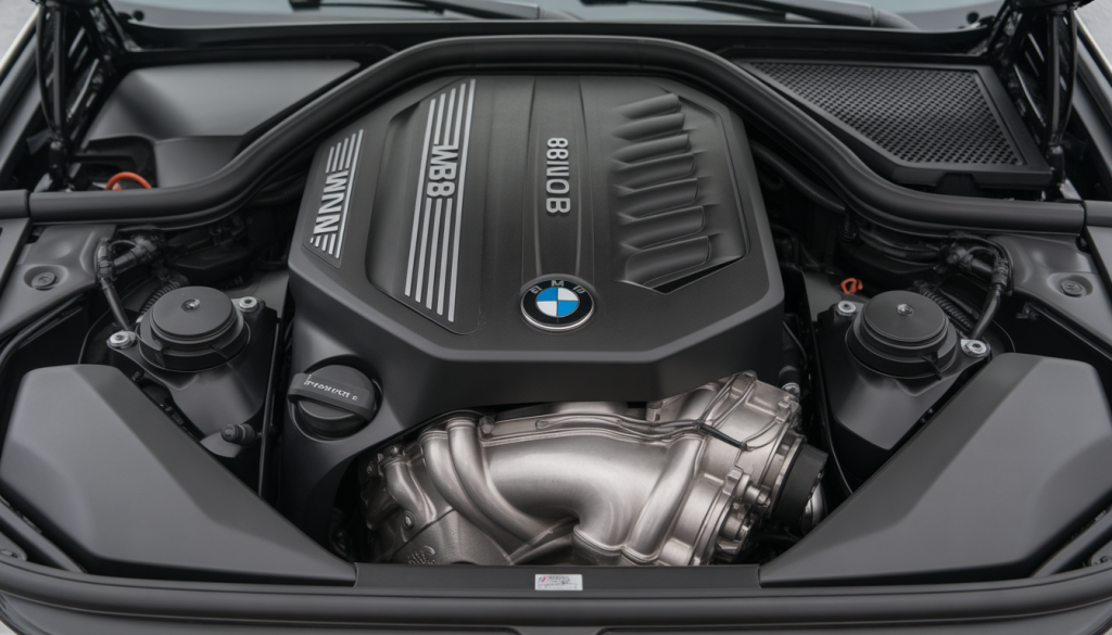 Vue rapprochée du moteur BMW B58 avec turbo twin-scroll