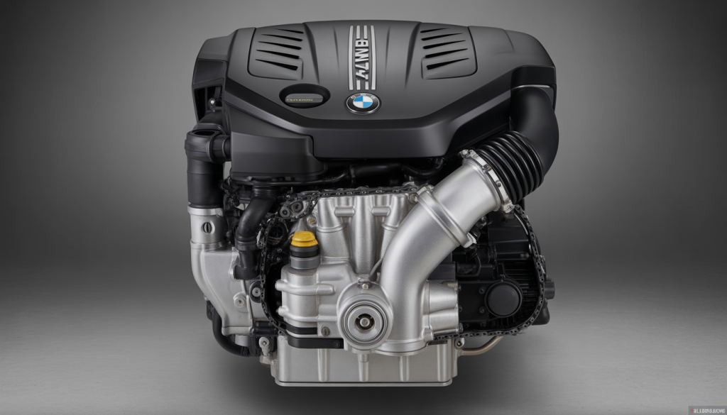 Gros plan du moteur diesel BMW B47 avec chaîne de distribution frontale et système TwinPower Turbo