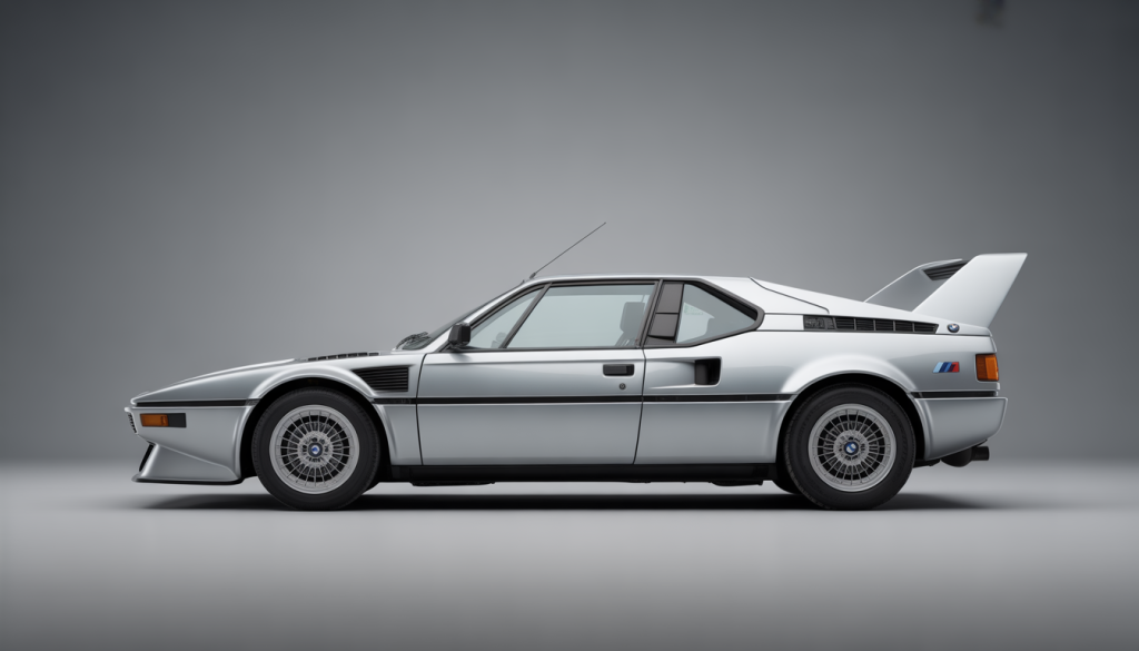 Vue latérale d'une BMW M1 avec moteur central apparent