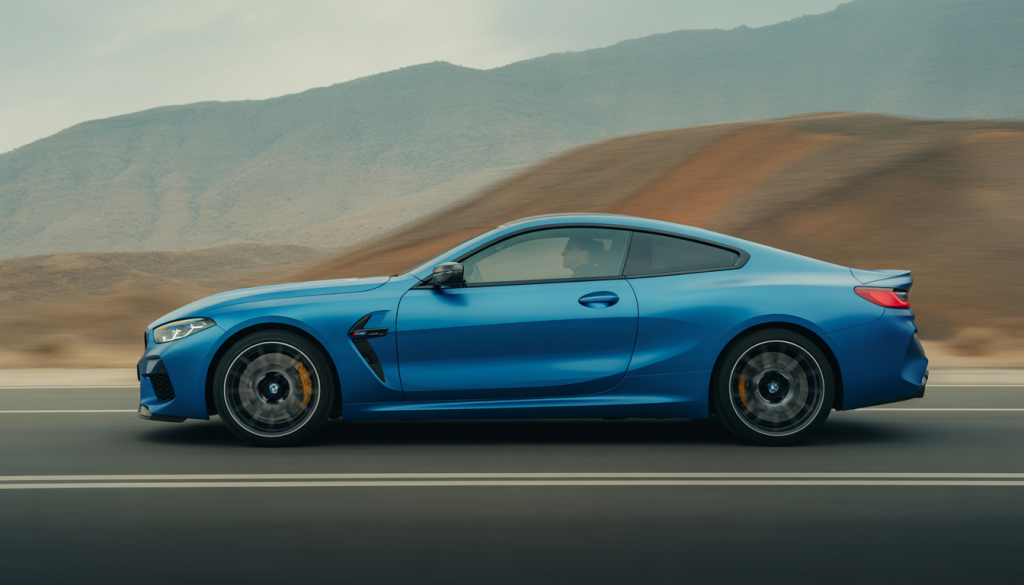 BMW M8 : Un Résumé Détaillé 9 BMW M8 Coupé en mouvement avec design athlétique et silhouette élégante