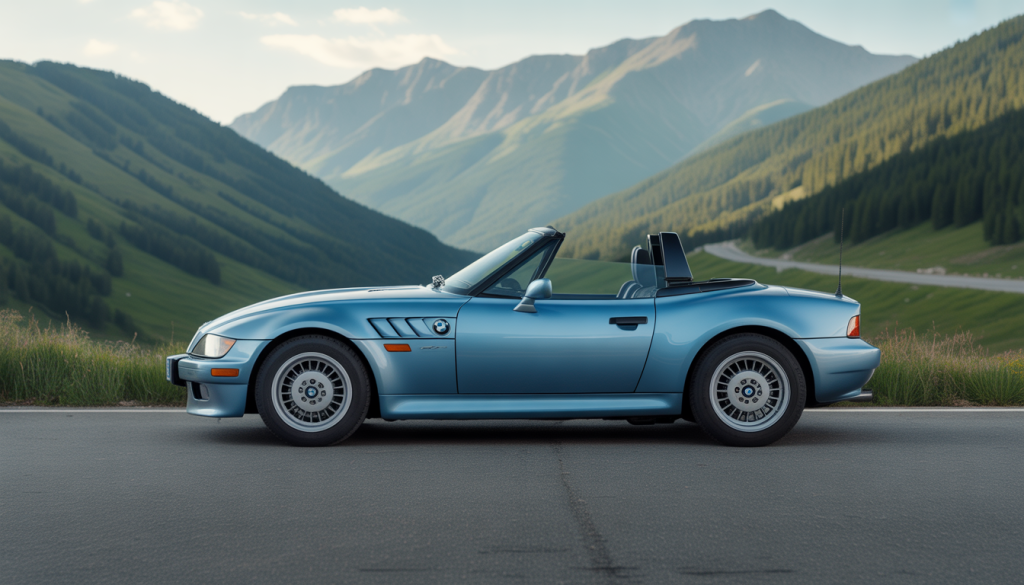 BMW Z3 décapotable des années 90 sur route de montagne