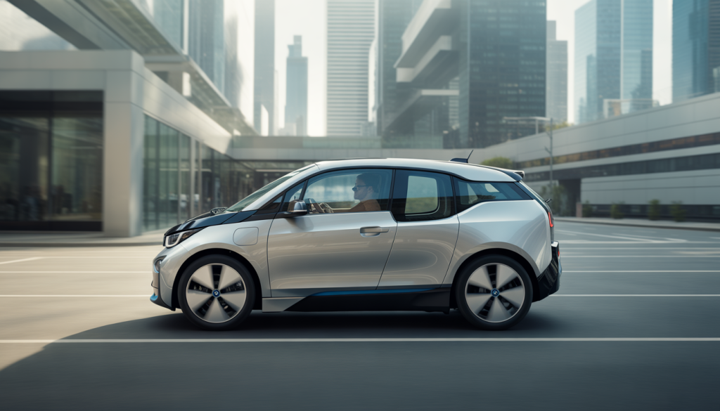 BMW i3 roulant sur une route urbaine, style photoréaliste