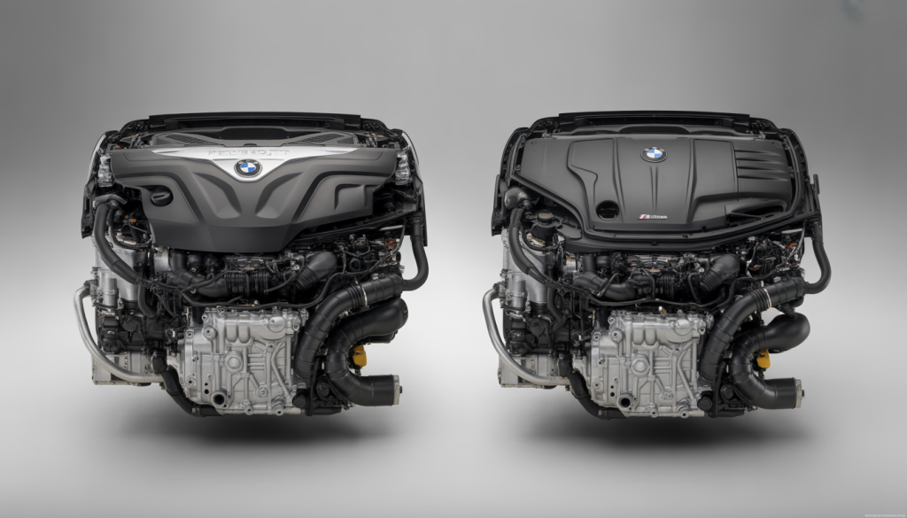 Deux moteurs de voiture modernes, Peugeot et BMW, en studio