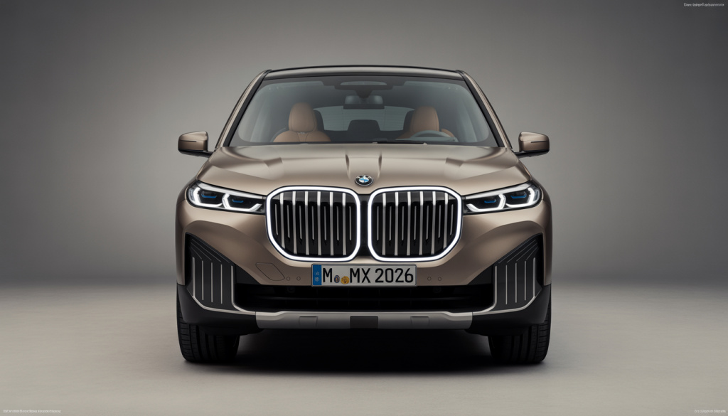 Vue avant du BMW iX 2026 avec calandre illuminée et phares verticaux