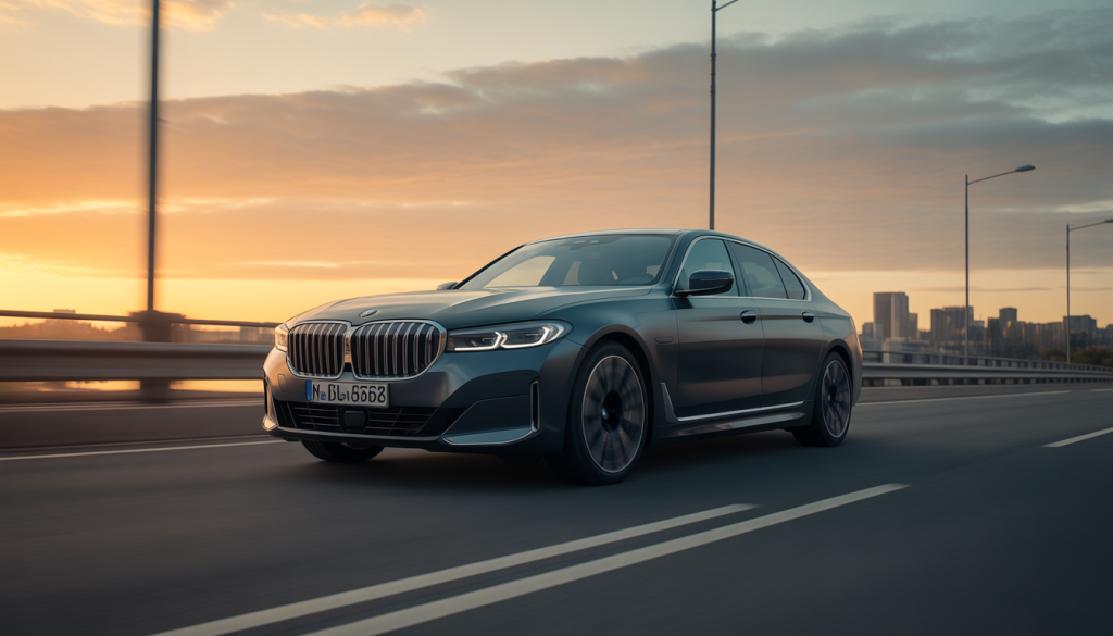 Voiture BMW moderne sur route urbaine au coucher du soleil