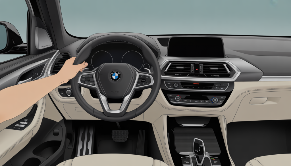 Tableau de bord BMW X3 avec voyant 4x4 allumé et main tournant le volant