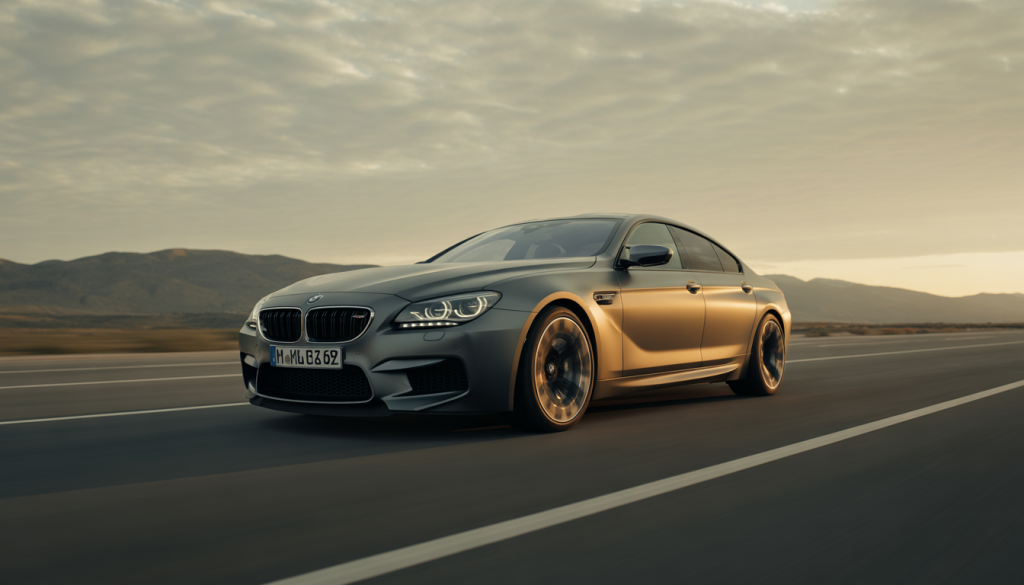 BMW M6 Gran Coupé roulant à grande vitesse sous une lumière dorée