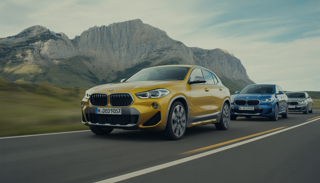 BMW X2 : Quel Moteur Choisir ? 19 BMW X2 roulant sur une route pittoresque avec plusieurs modèles en arrière-plan