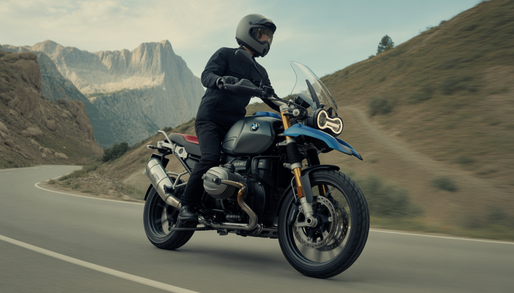 Moto BMW R 1300 GS roulant sur une route de montagne, moteur boxer visible