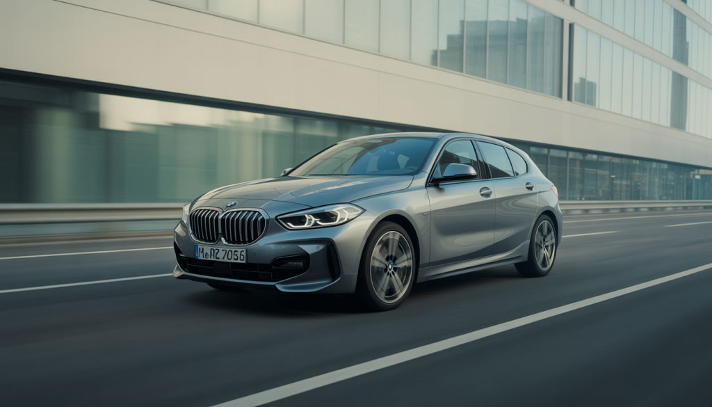 BMW Série 1 roulant en ville, vue photoréaliste avec jantes 19 pouces et intérieur high-tech