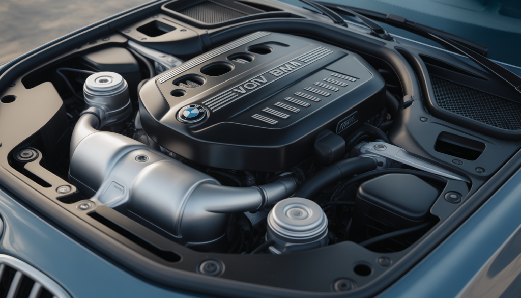 Gros plan photoréaliste d’un moteur BMW moderne avec turbocompresseurs et système hybride 48V