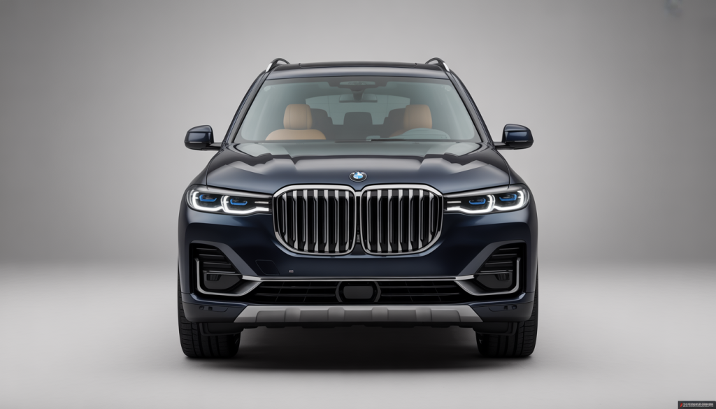 Vue avant photoréaliste d'une BMW X7 avec calandre emblématique et phares LED adaptatifs