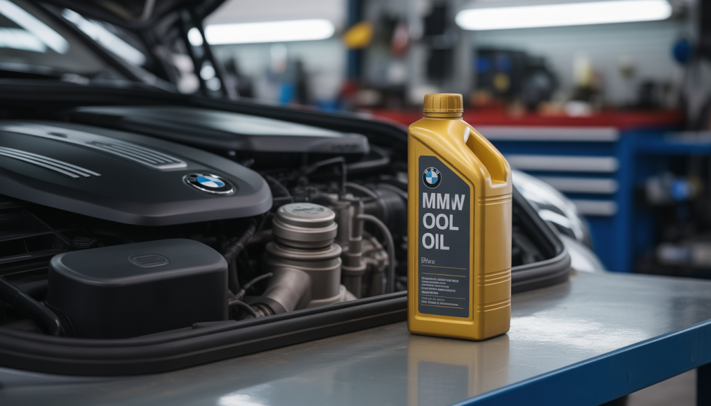 Bouteille d’huile moteur BMW posée à côté d’un moteur BMW moderne dans un atelier propre