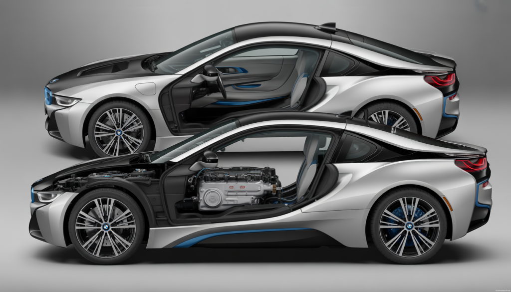 Vue en coupe photoréaliste du moteur hybride BMW i8 avec composants internes visibles