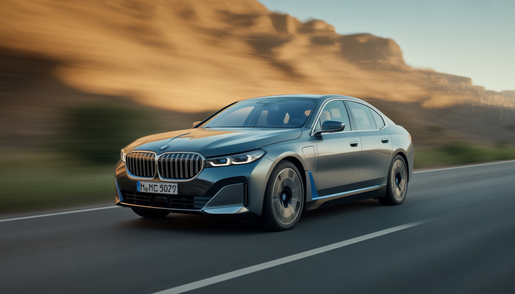 Voiture électrique BMW i5 roulant sur la route avec effet de flou
