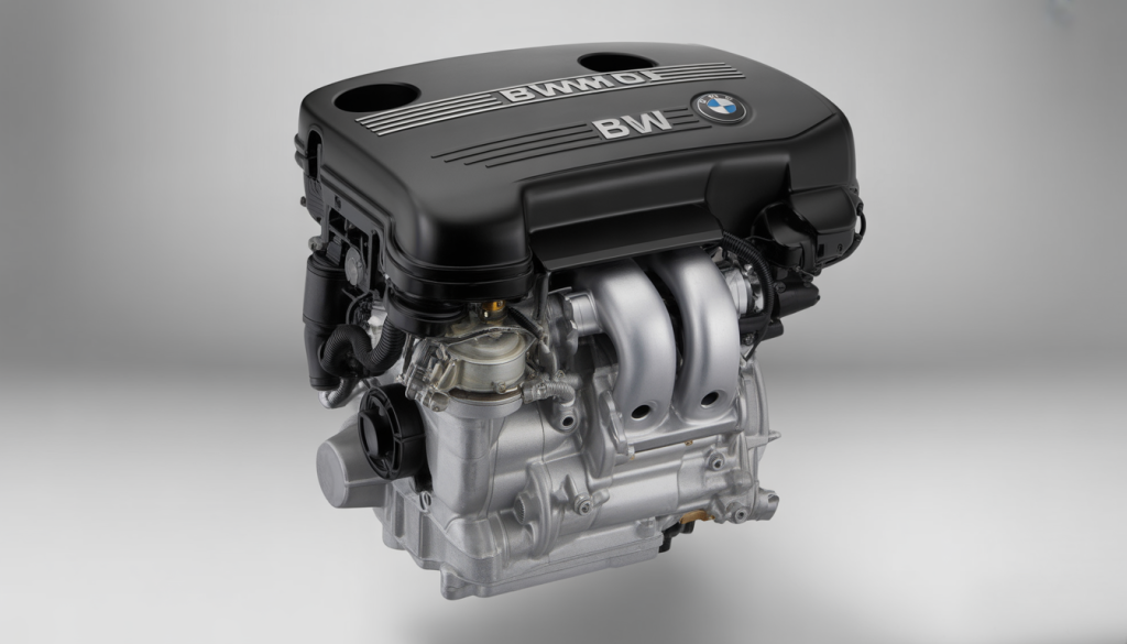 Gros plan du moteur BMW 1.5L 3 cylindres avec éclairage studio