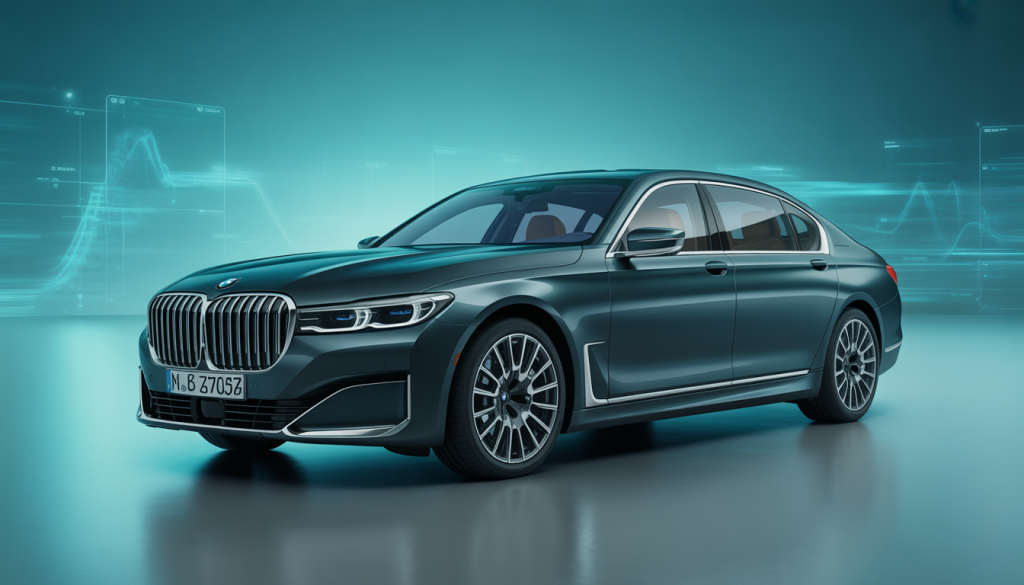 BMW Série 7 berline de luxe avec calandre proéminente et fond futuriste